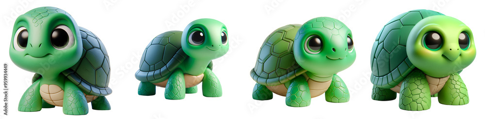Fototapeta premium Set of 3D rendered illustration cartoon Turtle isolated on white and Transparent Background 