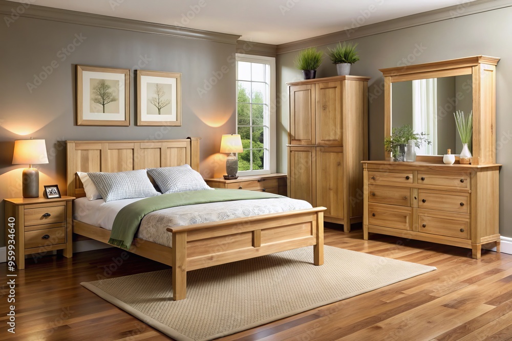 Naklejka premium * Modern pine bedroom furniture collection features a platform bed, simple nightstand, stylish armoire with frameless