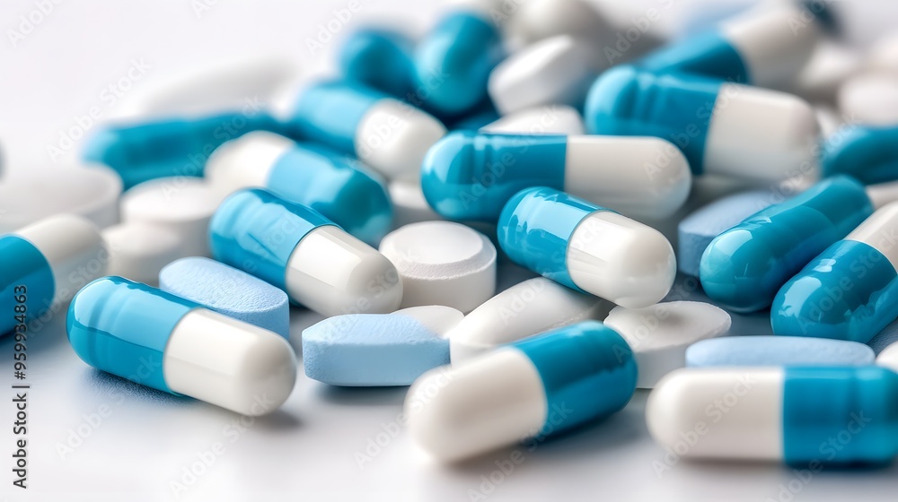 Blue & White Pill Collection on Table, Light Blue & Pale pills on Isolated Background, Medicinal Theme Highlighted Blue & White Pill Collection on Table, Light Blue & Pale pills on Isolated Background, Medicinal Theme Highlighted