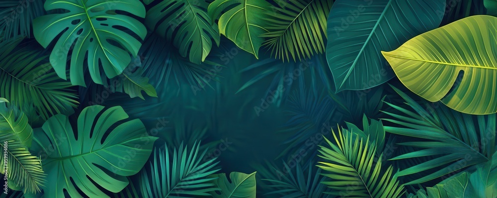 Jungle leaves with dynamic depth, flat design, top view, tropical landscape theme, water color, Split-complementary color scheme