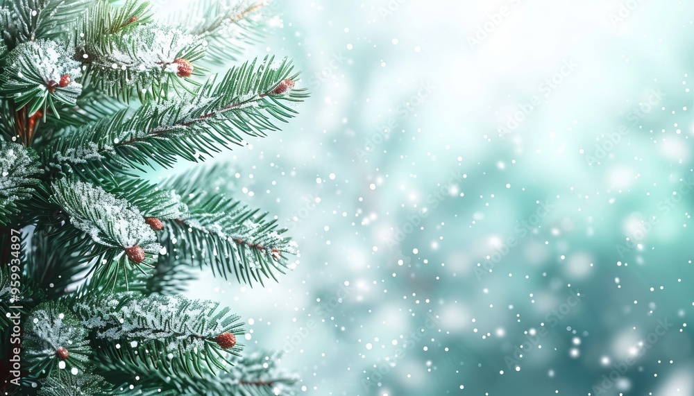 Snowy Fir Tree Branch On Blue Background Winter Wonderland With Copy Space. Christmas Concept. Snowy Fir Tree Branch On Blue Background Winter Wonderland With Copy Space. Christmas Concept.