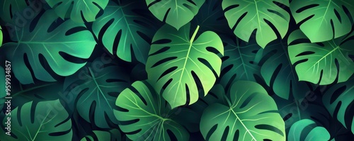 Jungle leaves with deep gradients, flat design, top view, exotic greenery theme, cartoon drawing, Complementary Color Scheme