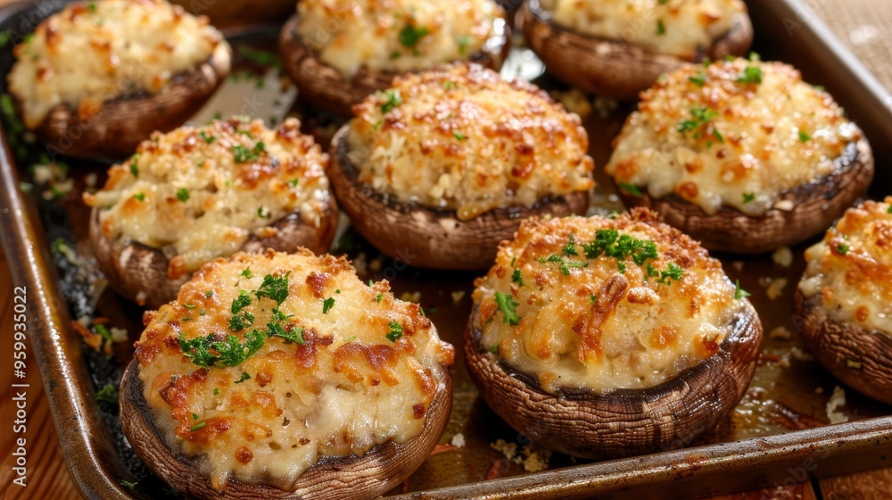 Close-up of Baked Stuffed Mushrooms with Parsley Garnish, Restaurant Quality Appetizer Close-up of Baked Stuffed Mushrooms with Parsley Garnish, Restaurant Quality Appetizer