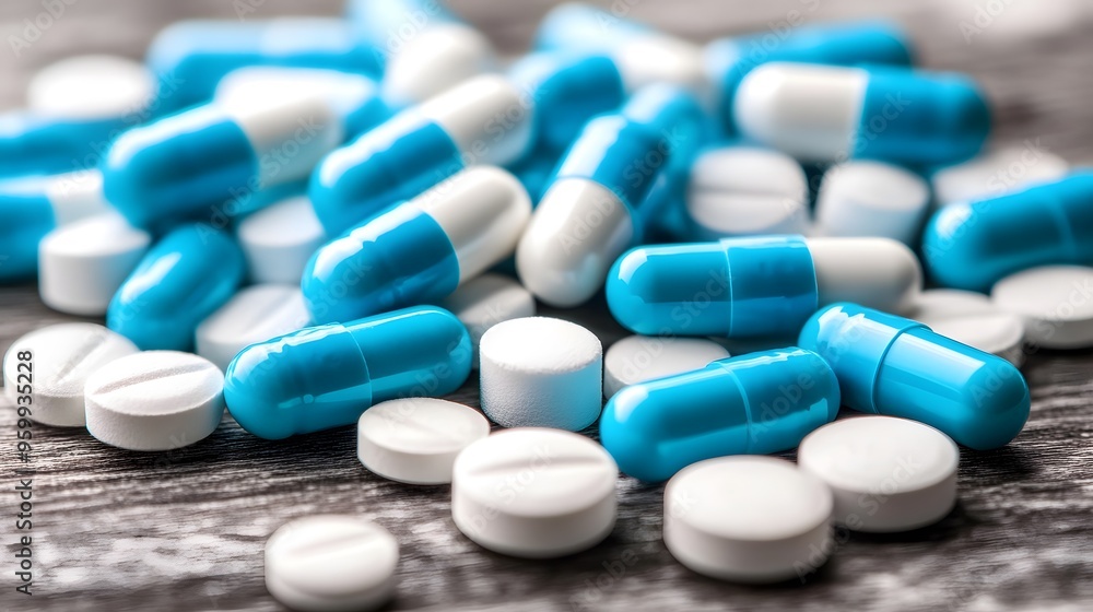 Blue & White Pill Collection on Table, Light Blue & Pale pills on Isolated Background, Medicinal Theme Highlighted Blue & White Pill Collection on Table, Light Blue & Pale pills on Isolated Background, Medicinal Theme Highlighted