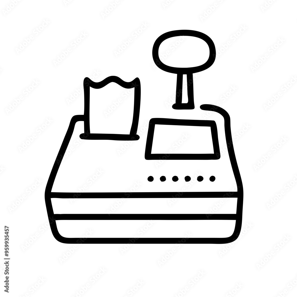 Minimalist black and white cash register with receipt icon, point of sale and retail concept Minimalist black and white cash register with receipt icon, point of sale and retail concept