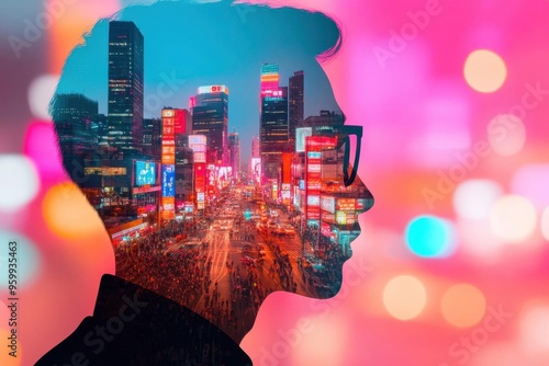 A creative double exposure portrait featuring a silhouette with a vibrant city skyline integrated within, symbolizing modern life.