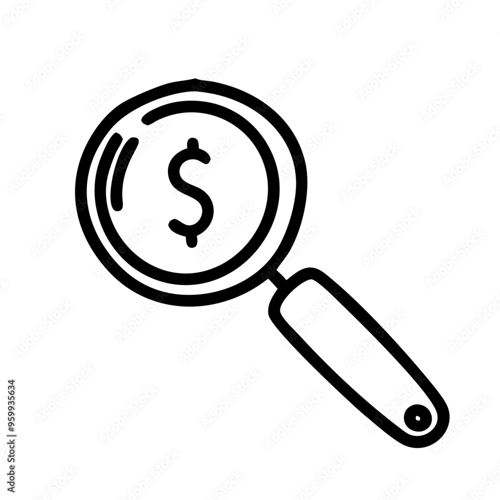 Minimalist black and white magnifying glass with dollar sign icon, price search and financial concept Minimalist black and white magnifying glass with dollar sign icon, price search and financial concept