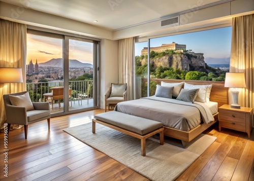 Wallpaper Mural * Oakwood furniture adorns a serene bedroom, with a balcony offering breathtaking views of the Acropolis in Athens, Torontodigital.ca