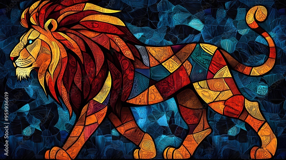 Lion portrait with flowing mane in warm geometric patterns and a deep blue background Lion portrait with flowing mane in warm geometric patterns and a deep blue background