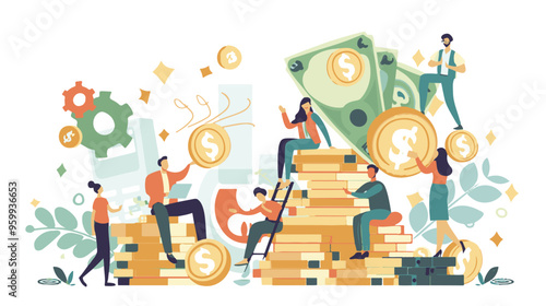 Salary Payment concept. Employee or workers are happy receive a monthly salary. People calculating money, flat vector modern illustration
