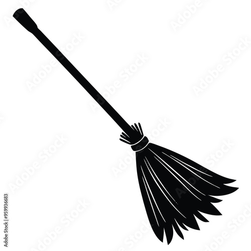 black silhouette of a broomstick isolated on white background 