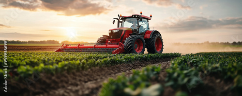 A vibrant red tractor actively plows a vast agricultural field at sunrise, showcasing modern farming techniques and machinery.