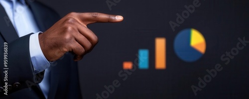 Business presentation, professional pointing at Power BI dashboard projection, 3D illustration