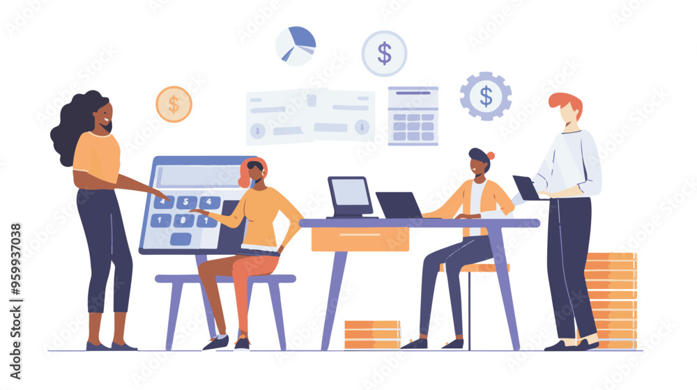 Salary Payment concept. Employee or workers are happy receive a monthly salary. People calculating money, flat vector modern illustration
Salary Payment concept. Employee or workers are happy receive a monthly salary. People calculating money, flat vector modern illustration