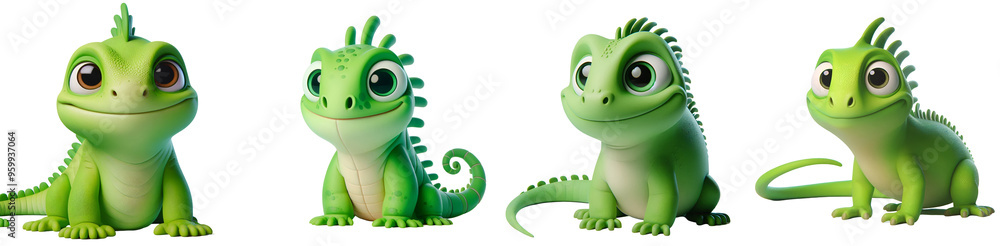 Fototapeta premium Set of 3D rendered illustration cartoon Iguanas isolated on white and Transparent Background 