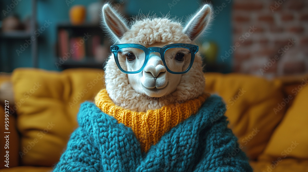 Cute alpaca with glasses close up Cute alpaca with glasses close up