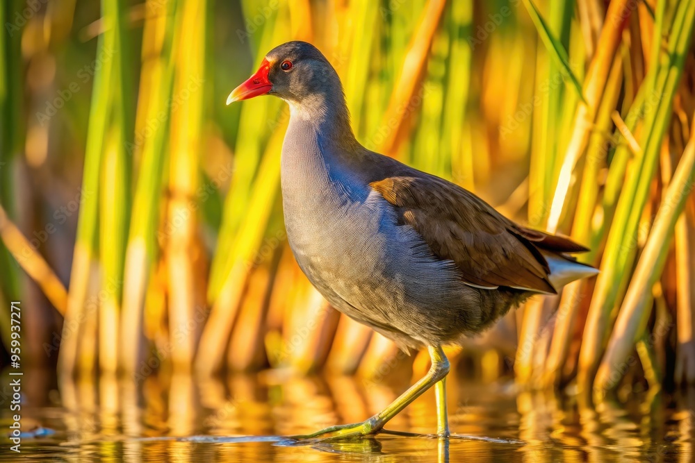 Close-Up Of A Mud Hen Bird Standing In A Marsh With Tall Reeds In The Background Close-Up Of A Mud Hen Bird Standing In A Marsh With Tall Reeds In The Background