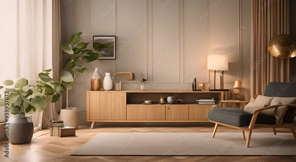 Modern interior of living room with wooden cabinet and armchair home design 3d animation rendering 4k animation Modern interior of living room with wooden cabinet and armchair home design 3d animation rendering 4k animation