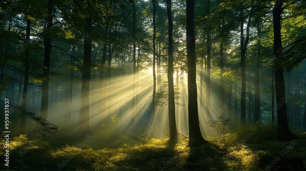 Fototapeta premium Bright morning light streaming through a forest, symbolizing the promise of a new day