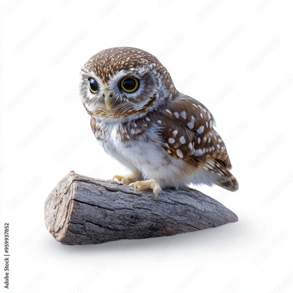 Naklejka premium Close-up of a small spotted owl perched on a piece of wood, showcasing its detailed feathers and alert expression against a white background.