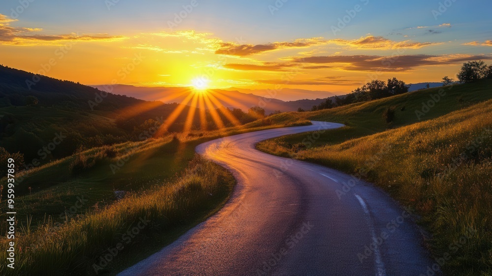 Bright sunrise illuminating a winding road, symbolizing the start of a new path Bright sunrise illuminating a winding road, symbolizing the start of a new path