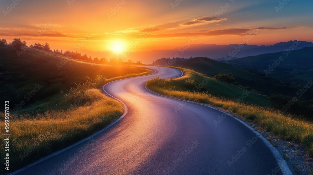 Bright sunrise illuminating a winding road, symbolizing the start of a new path Bright sunrise illuminating a winding road, symbolizing the start of a new path