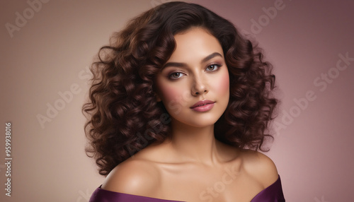 Elegant Woman with Luxurious Curly Hair on a Soft Pink Background