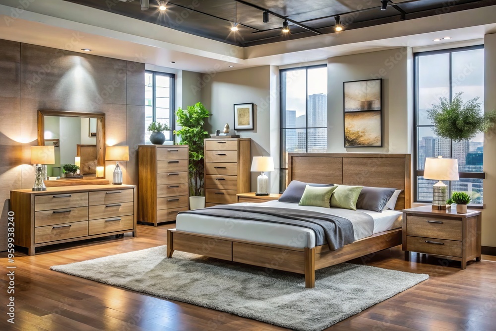 Fototapeta premium Rich, modern designs take center stage in this stylish store, featuring a diverse assortment of bed frames, dressers,