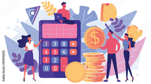 Salary Payment concept. Employee or workers are happy receive a monthly salary. People calculating money, flat vector modern illustration
