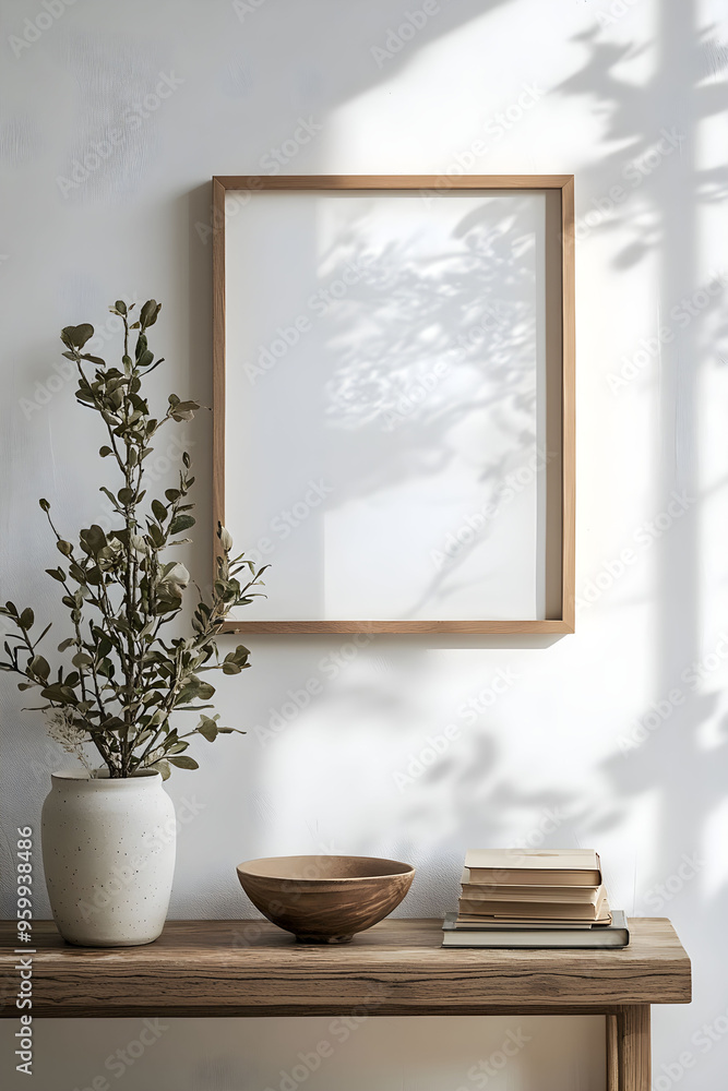 Minimalist boho interior featuring a blank vertical frame for wall art mockup, potted plant, and wooden table in a sunlit room with soft shadows Minimalist boho interior featuring a blank vertical frame for wall art mockup, potted plant, and wooden table in a sunlit room with soft shadows