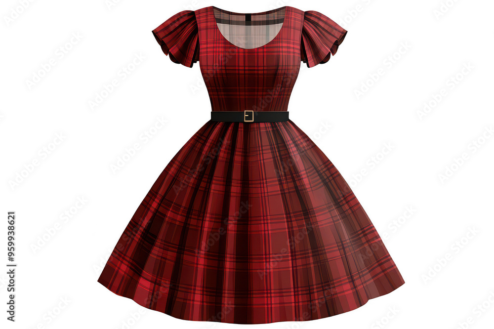 Women's red checkered dress with short sleeves on a transparent background Women's red checkered dress with short sleeves on a transparent background