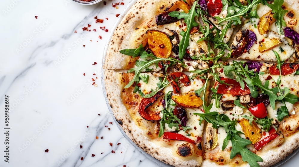 A delicious vegan and gluten-free pizza features vibrant roasted vegetables, arugula, and spices, presented on a marble tabletop in an inviting restaurant A delicious vegan and gluten-free pizza features vibrant roasted vegetables, arugula, and spices, presented on a marble tabletop in an inviting restaurant