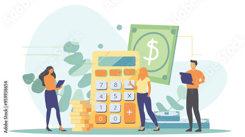 Salary Payment concept. Employee or workers are happy receive a monthly salary. People calculating money, flat vector modern illustration
