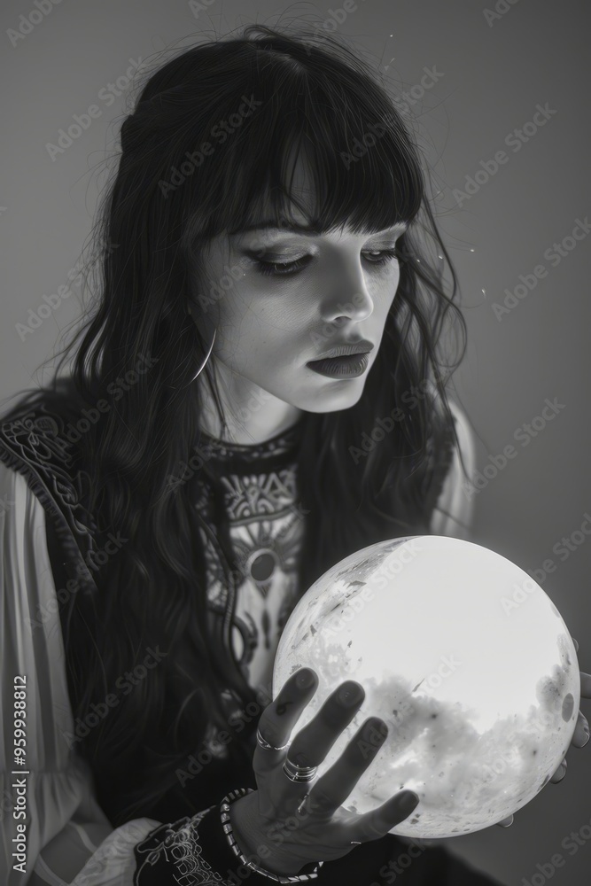 Naklejka premium Bathed in soft light, a woman dressed in mystical attire holds a luminous crystal ball, her expression a blend of concentration and curiosity. The atmosphere is enchanting