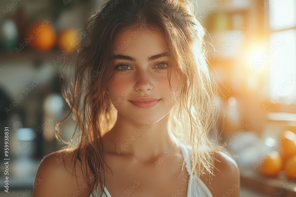 Fototapeta premium candid portrait of a young woman in a sunlit kitchen natural light illuminates her as she prepares a meal capturing everyday domestic bliss and lifestyle authenticity