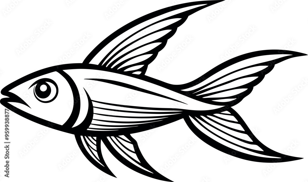 Intricate Black and White Illustration of a Graceful Fish with Flowing Fins in a Stylized Artistic Design Intricate Black and White Illustration of a Graceful Fish with Flowing Fins in a Stylized Artistic Design