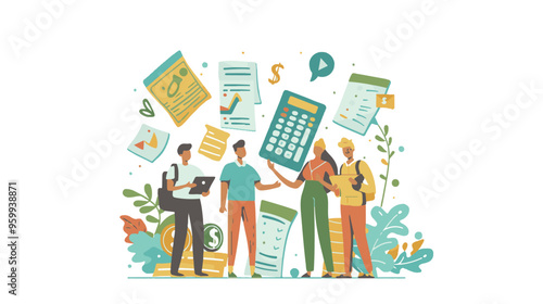 Salary Payment concept. Employee or workers are happy receive a monthly salary. People calculating money, flat vector modern illustration
