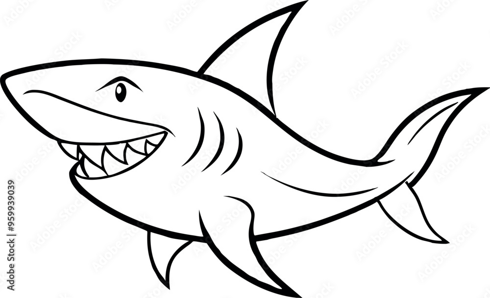 Fototapeta premium Black and White Cartoon Shark Illustration with Smiling Expression and Sharp Teeth
