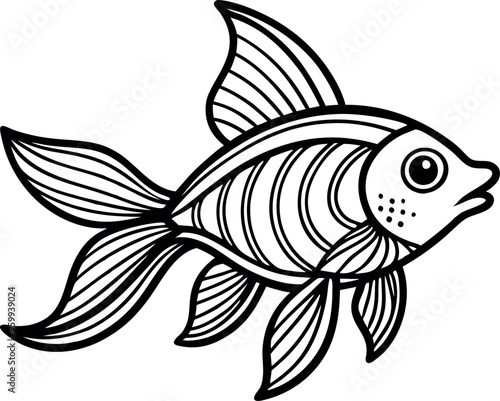 Black and White Illustration of a Fish with Detailed Patterns and Flowing Fins