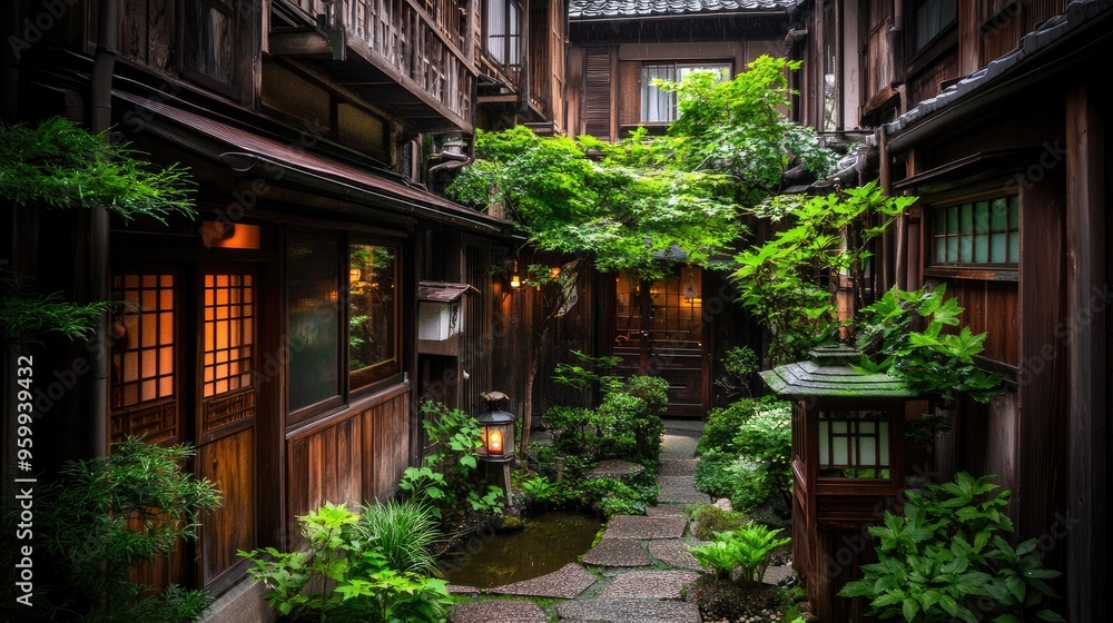 Fototapeta premium A tranquil Japanese courtyard showcases a gravel landscape with a stone path and wooden lanterns glowing softly, embodying serenity at night with a modern house