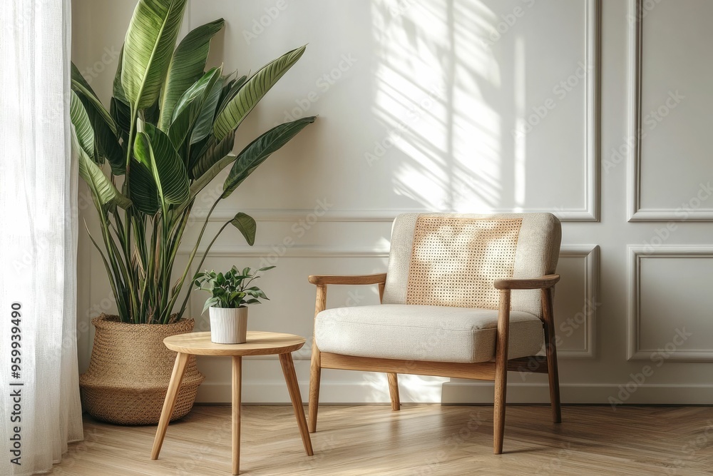Fototapeta premium Minimalistic Indoor Seating with Wicker Chair and Potted Plants in Sunlit Corner