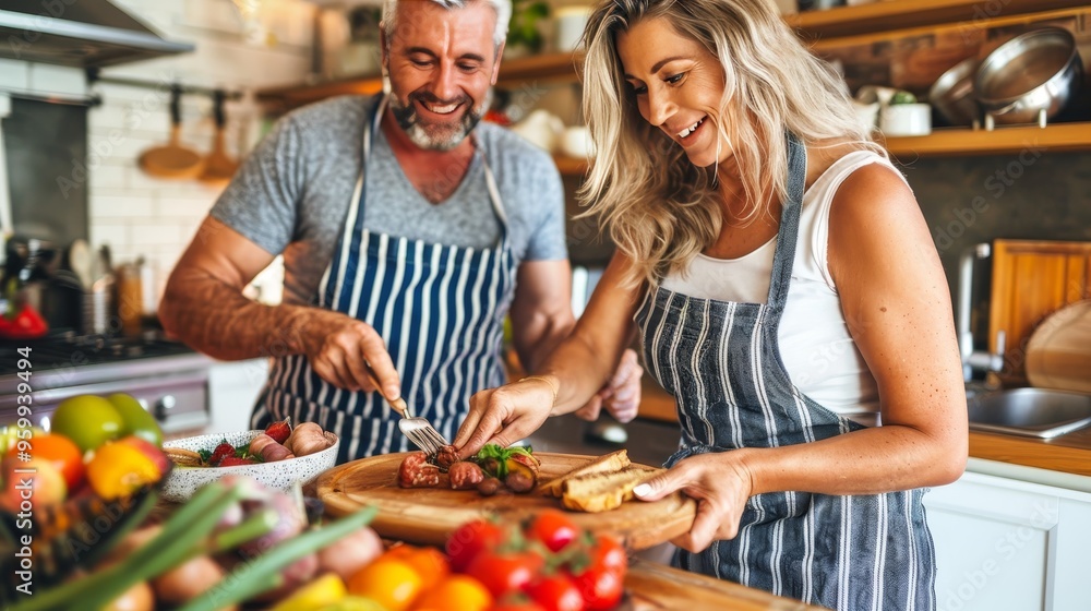 Couple Preparing Food, Sharing Laughter. Wholesome Meal Preparation in a Modern Kitchen Couple Preparing Food, Sharing Laughter. Wholesome Meal Preparation in a Modern Kitchen