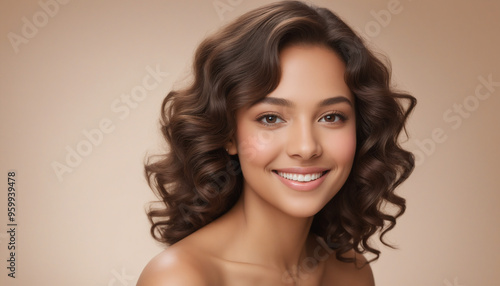 Portrait of a Girl with Shoulder-Length Curly Hair Against a Beige Background