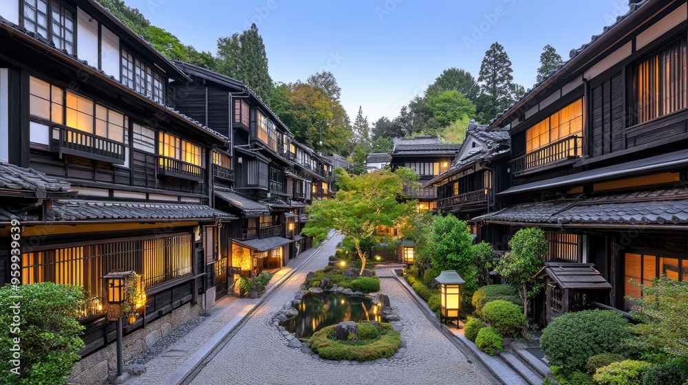 A tranquil Japanese courtyard showcases a gravel landscape with a stone path and wooden lanterns glowing softly, embodying serenity at night with a modern house A tranquil Japanese courtyard showcases a gravel landscape with a stone path and wooden lanterns glowing softly, embodying serenity at night with a modern house
