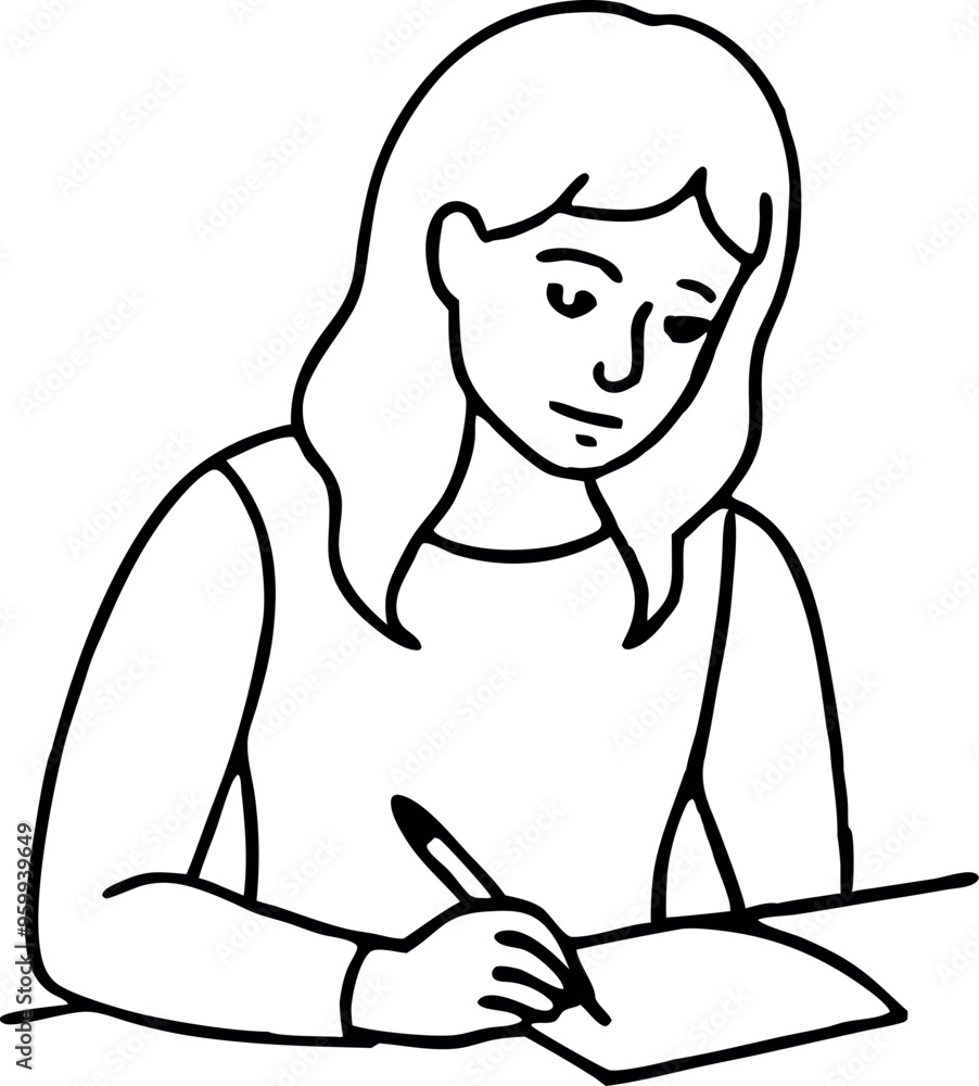 Illustration of Woman Writing on Paper at Desk in Simple Black and White Line Art Style Illustration of Woman Writing on Paper at Desk in Simple Black and White Line Art Style