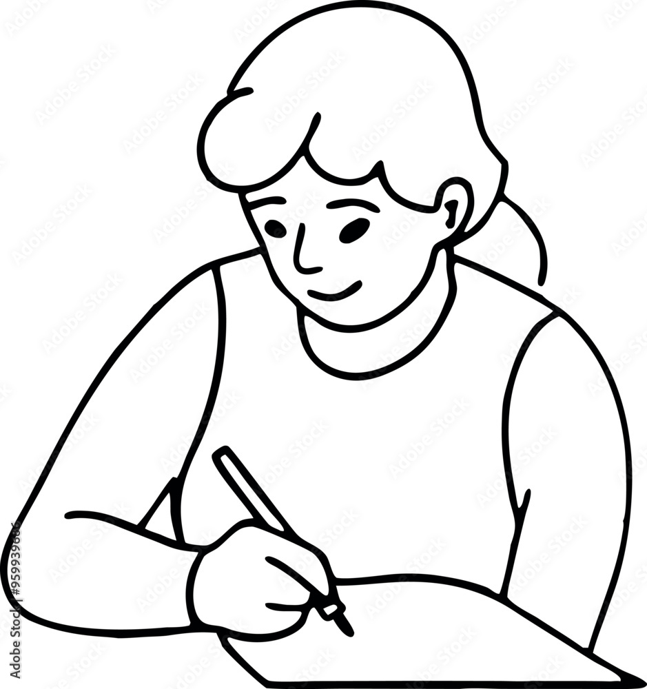 Illustration of a Woman Writing with a Pen on Paper Featuring Simple Line Art Design Illustration of a Woman Writing with a Pen on Paper Featuring Simple Line Art Design