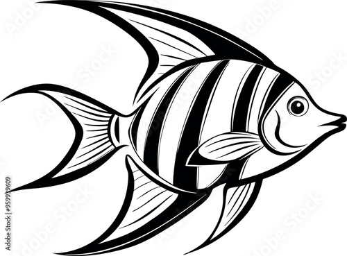 Black and White Illustration of a Striped Angelfish with Elegant Fins and Detailed Features