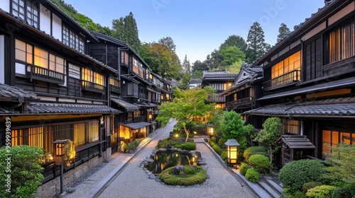 A tranquil Japanese courtyard showcases a gravel landscape with a stone path and wooden lanterns glowing softly, embodying serenity at night with a modern house