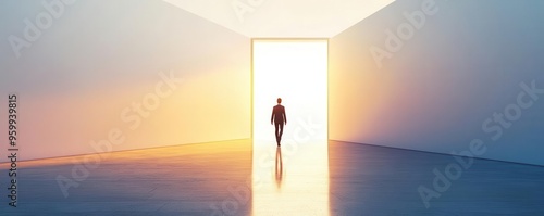 Obraz na płótnie Person walking through an open door into a bright future, symbolizing new beginnings w salonie