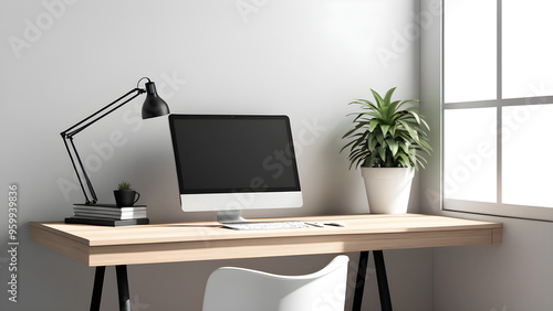 A minimalist office desk with a computer and books on top,